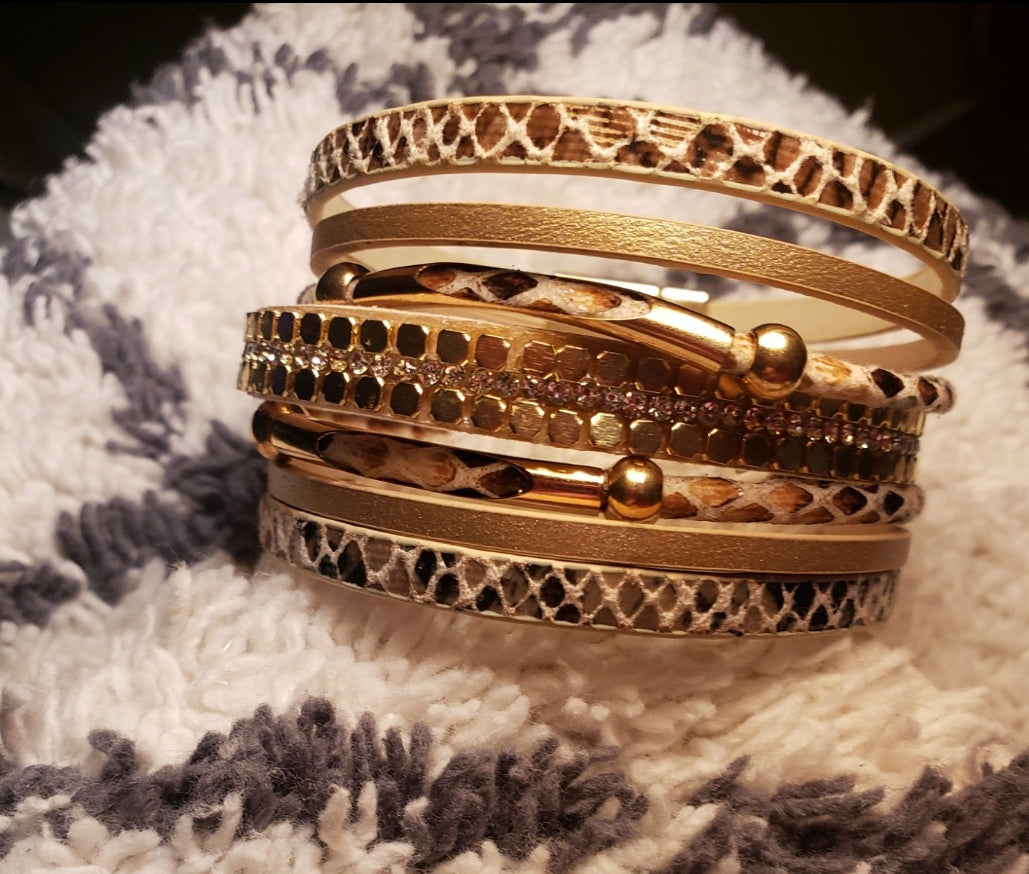 Snakeskin Leather Gold Bead Magnetic Close Bracelet