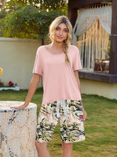 Load image into Gallery viewer, Short Sleeve Top and Printed Shorts Lounge Set
