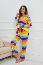 Load image into Gallery viewer, Striped Round Neck Long Sleeve Top and Drawstring Pants Lounge Set
