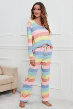 Load image into Gallery viewer, Striped Round Neck Long Sleeve Top and Drawstring Pants Lounge Set
