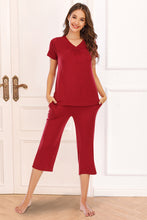 Load image into Gallery viewer, V-Neck Short Sleeve Top and Pants Lounge Set
