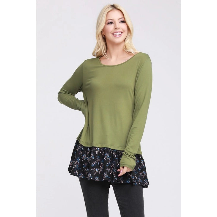 Round Neck Long Sleeve with Ruffle Bottom Top
