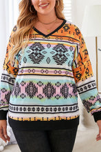 Load image into Gallery viewer, Plus Size Geometric Print V-Neck Long Sleeve Top

