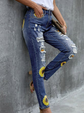 Load image into Gallery viewer, Leopard Patchwork Sunflower Print Distressed High Waist Jeans
