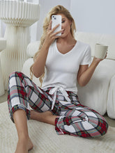 Load image into Gallery viewer, V-Neck Tee and Plaid Pants Lounge Set
